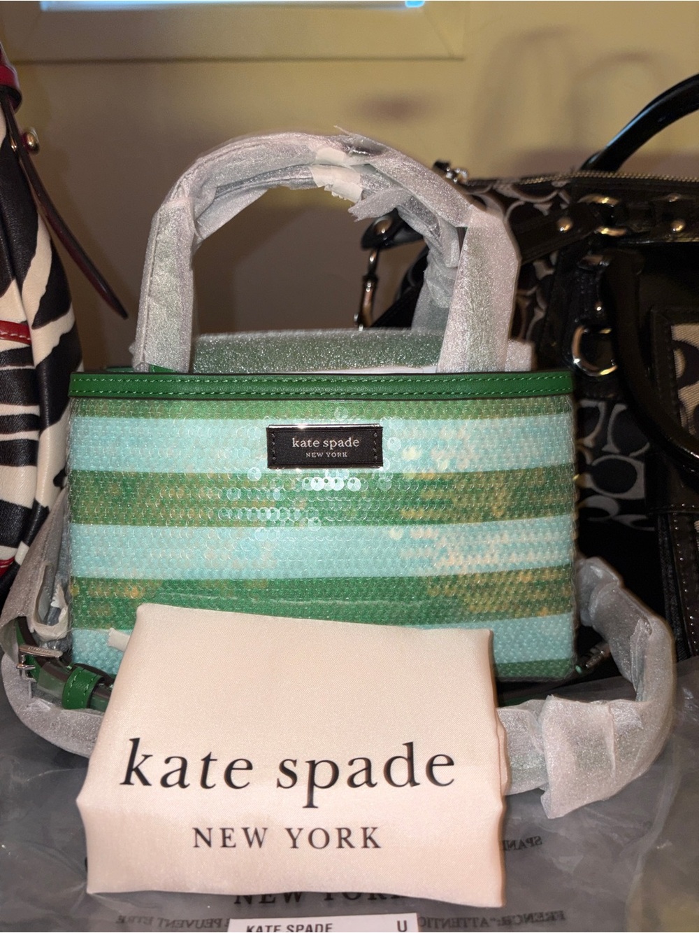 kate spade striped green and mint sequin mini bag